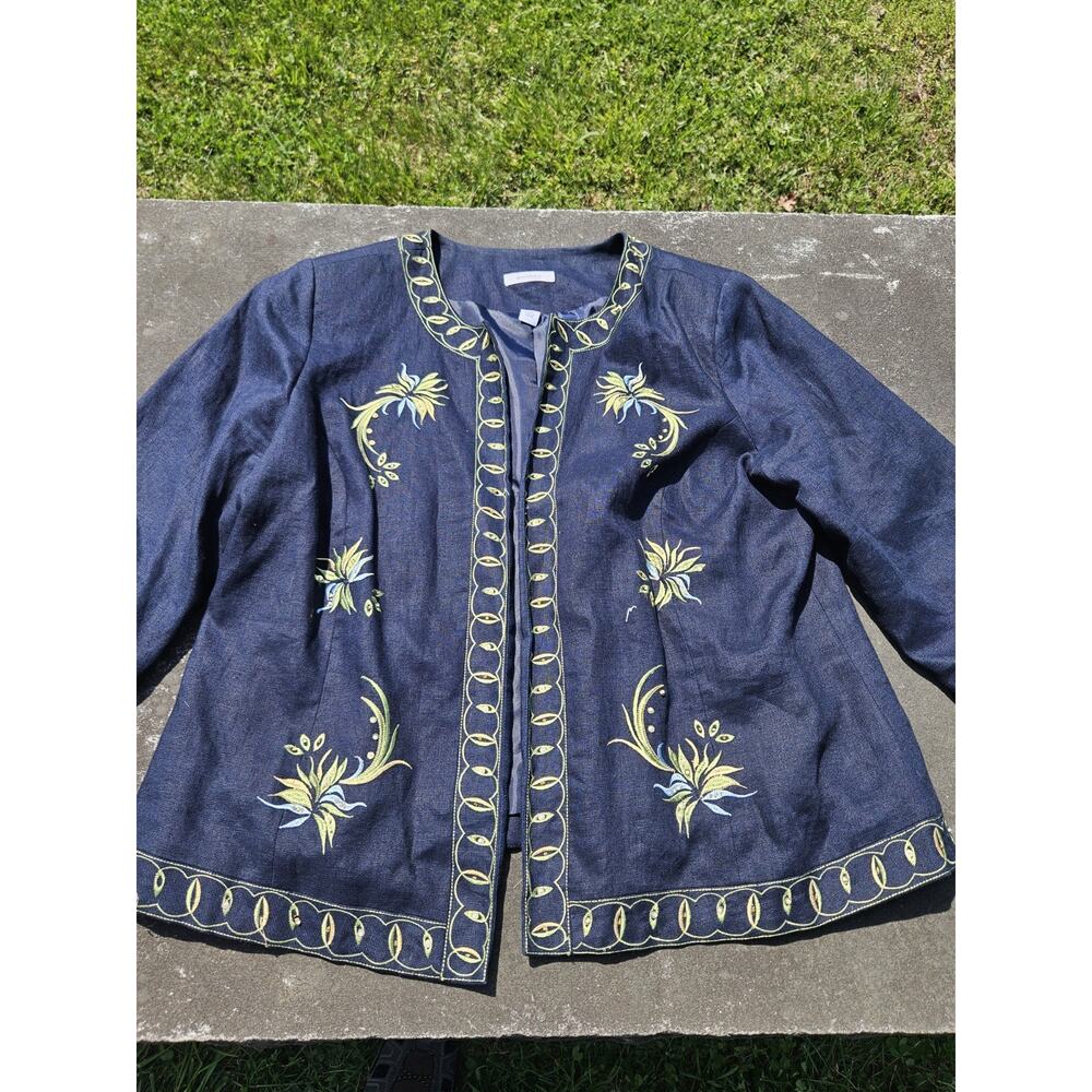 Dressbarn 18W Navy Embroidered Floral Artisan Jacket Lined Open Front 3/4 Sleeve - Picture 1 of 6